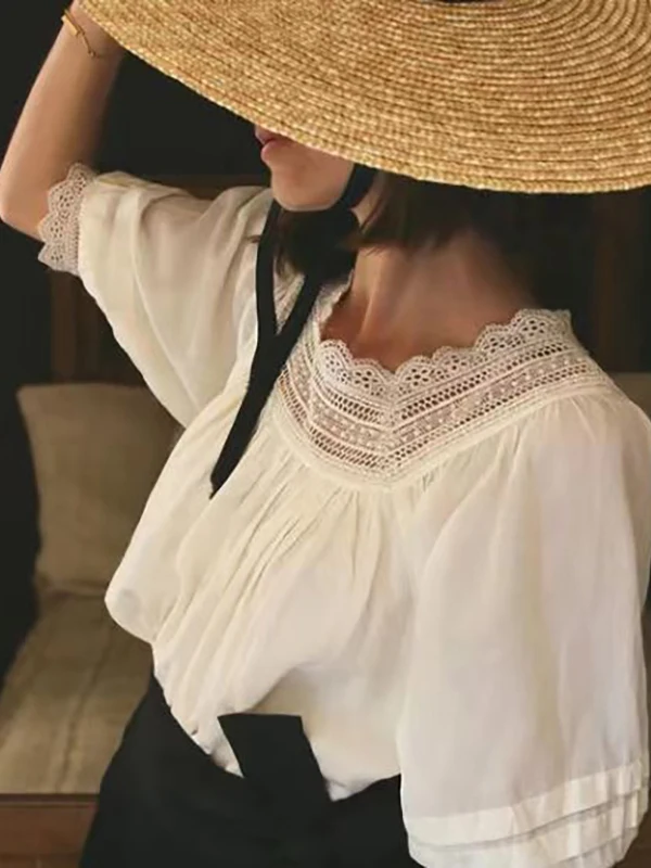 Elegant Lace Trim Blouse Women's Shirt Square Collar mid Sleeve Ageless Cotton Blend Spring Summer Fashion Gentle Detail
Elegant Lace Trim Blouse Women's Shirt Square Collar mid Sleeve Ageless Cotton Blend Spring Summer Fashion Gentle Detail