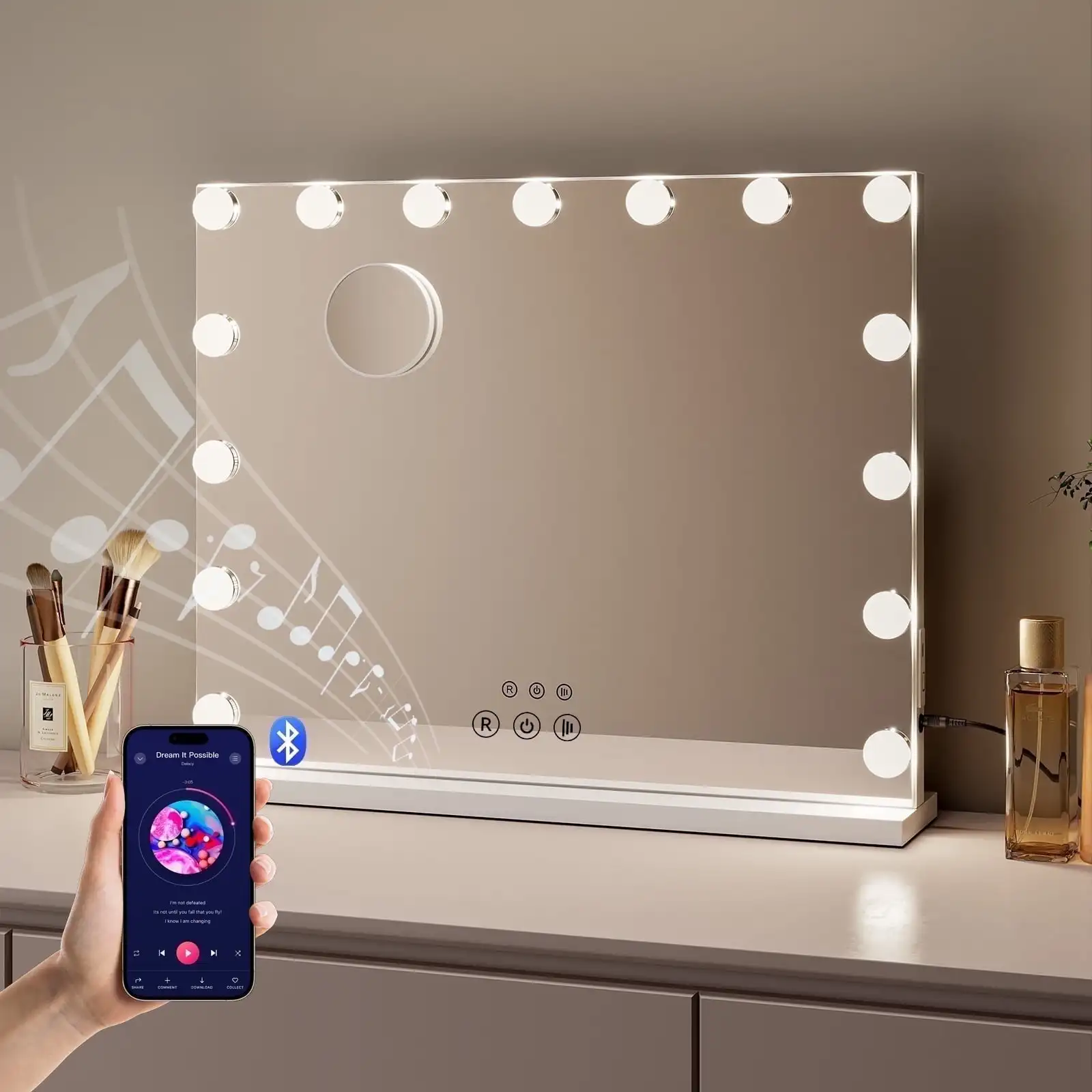 Bluetooth Audio Makeup Mirror with LED Light - 3 Color Modes, Smart Touch Control and USB Charging Port - Desktop Makeup Mirror
Bluetooth Audio Makeup Mirror with LED Light - 3 Color Modes, Smart Touch Control and USB Charging Port - Desktop Makeup Mirror