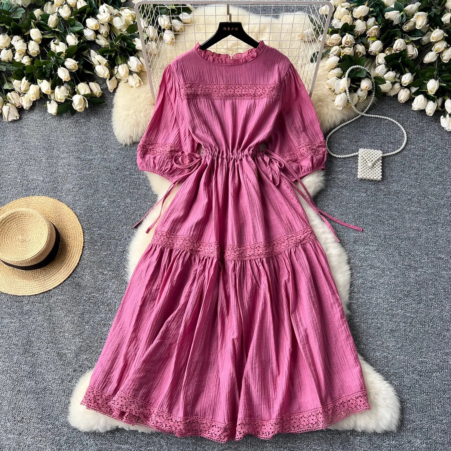 Sweet French Design Drawstring Waist Lantern Sleeve Round Neck Women's Dress Lace Splicing Ruffles Casual Beach Dress
Sweet French Design Drawstring Waist Lantern Sleeve Round Neck Women's Dress Lace Splicing Ruffles Casual Beach Dress