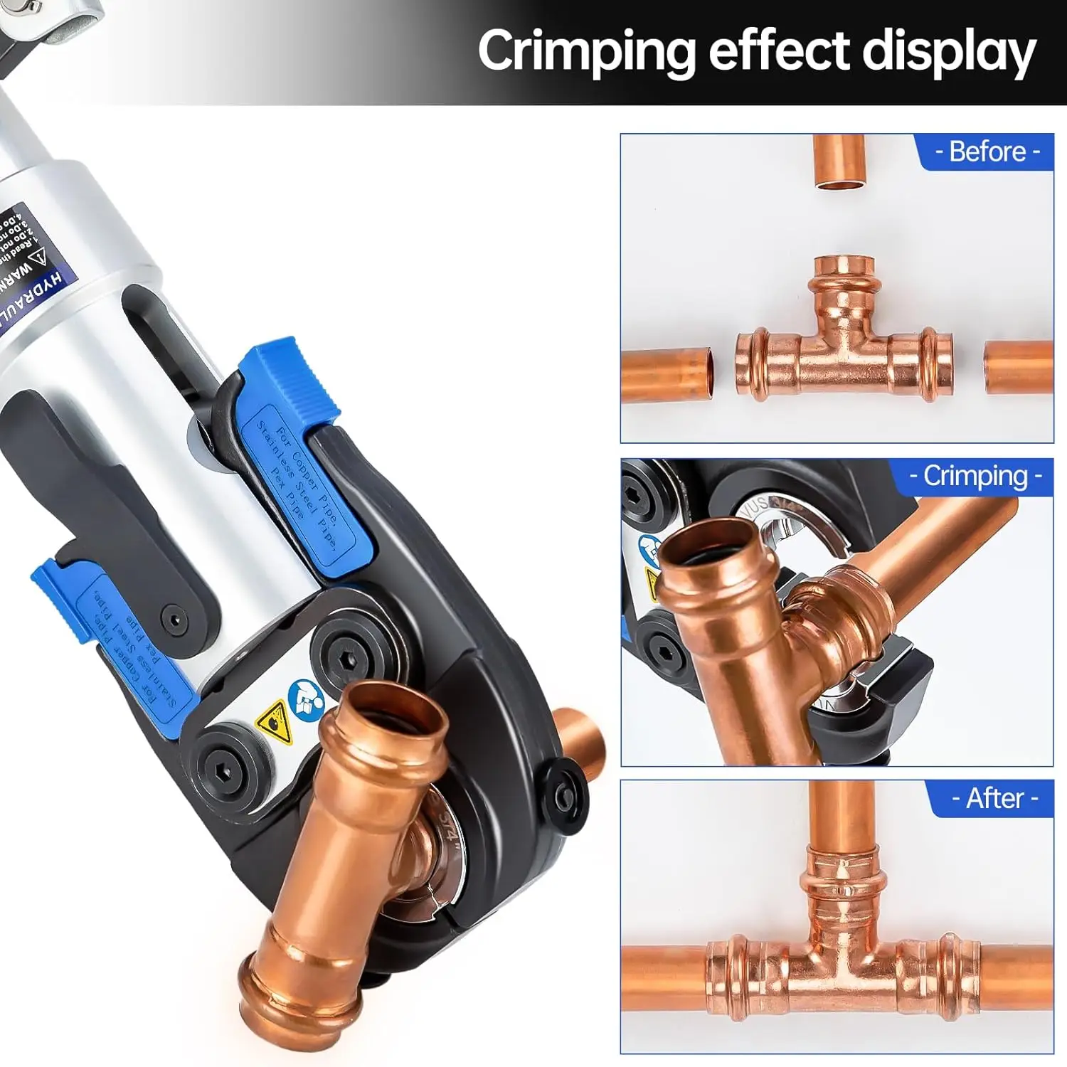 Copper Tube Fittings Hydraulic Pipe Crimping Tool with 1/2 inch,3/4 inch and 1 inch Jaw Copper Pipe Crimpers Pressing Pliers
Copper Tube Fittings Hydraulic Pipe Crimping Tool with 1/2 inch,3/4 inch and 1 inch Jaw Copper Pipe Crimpers Pressing Pliers