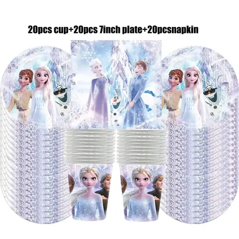 Disney New Frozen Elsa Anna Disposable Tableware Set Paper Cups Napkins Tablecloth for Baby Bathing Birthday Party Decoration