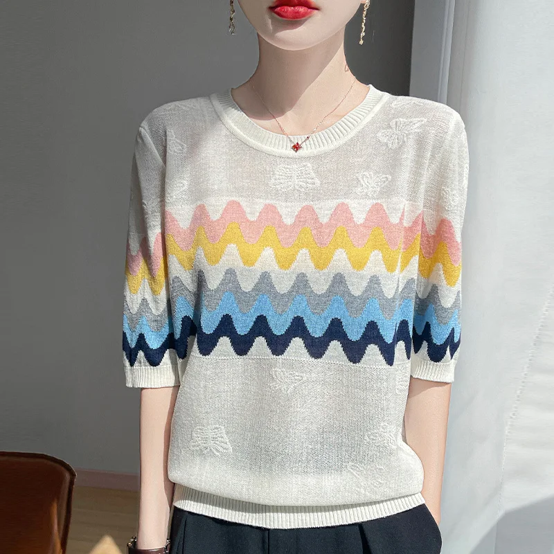 100% Laisel Short Sleeve Striped Chinese New Knitted Shirt 2025 Loose Jacquard Summer Thin Half Sleeve T-shirt Women's Top
100% Laisel Short Sleeve Striped Chinese New Knitted Shirt 2025 Loose Jacquard Summer Thin Half Sleeve T-shirt Women's Top