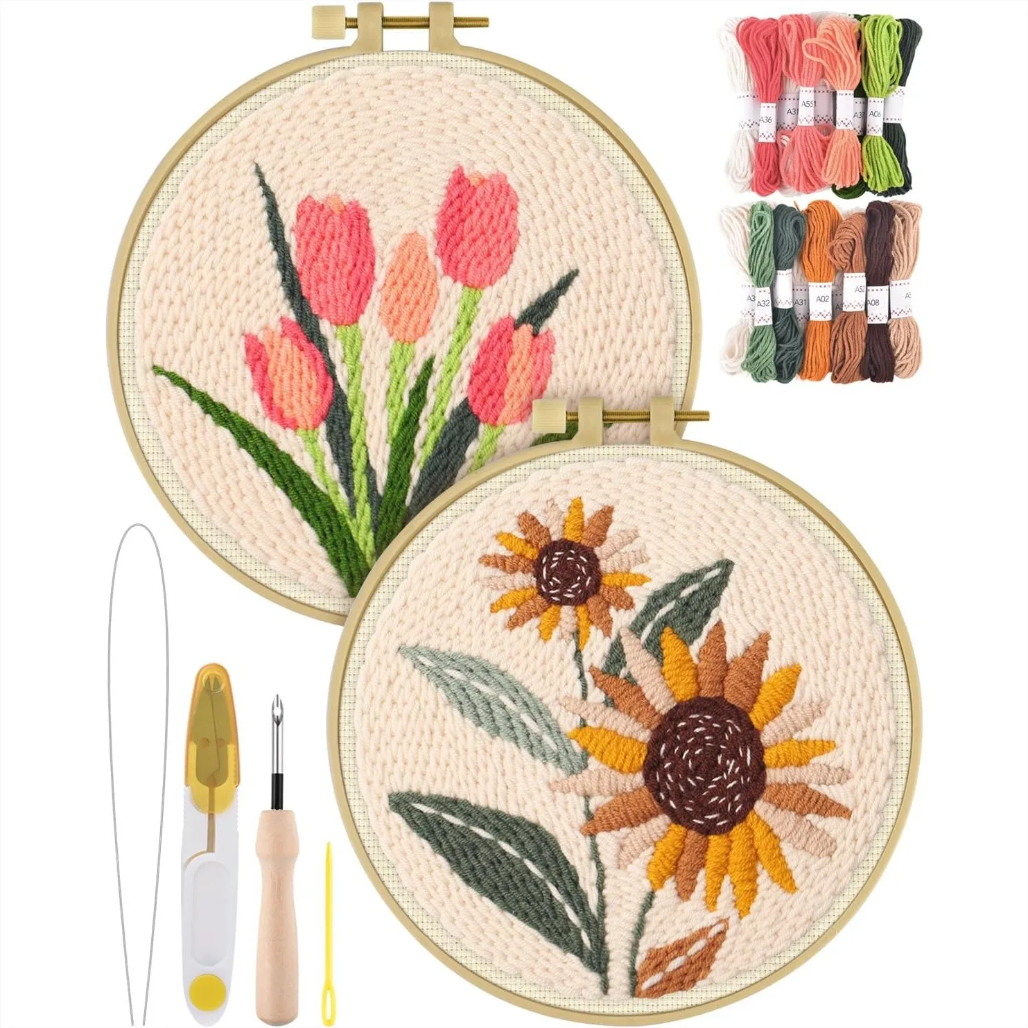 Punch Needle Kit for Adults Beginners, 2 Pcs DIY Easy Flower Embroidery Set with Patterns, Tools, Yarns, Hoop, Instruction
Punch Needle Kit for Adults Beginners, 2 Pcs DIY Easy Flower Embroidery Set with Patterns, Tools, Yarns, Hoop, Instruction