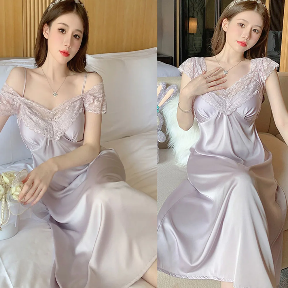 New ladies sexy summer nightgown lace long skirt pajamas home service ice satin V-neck explosions women can wear outside
New ladies sexy summer nightgown lace long skirt pajamas home service ice satin V-neck explosions women can wear outside