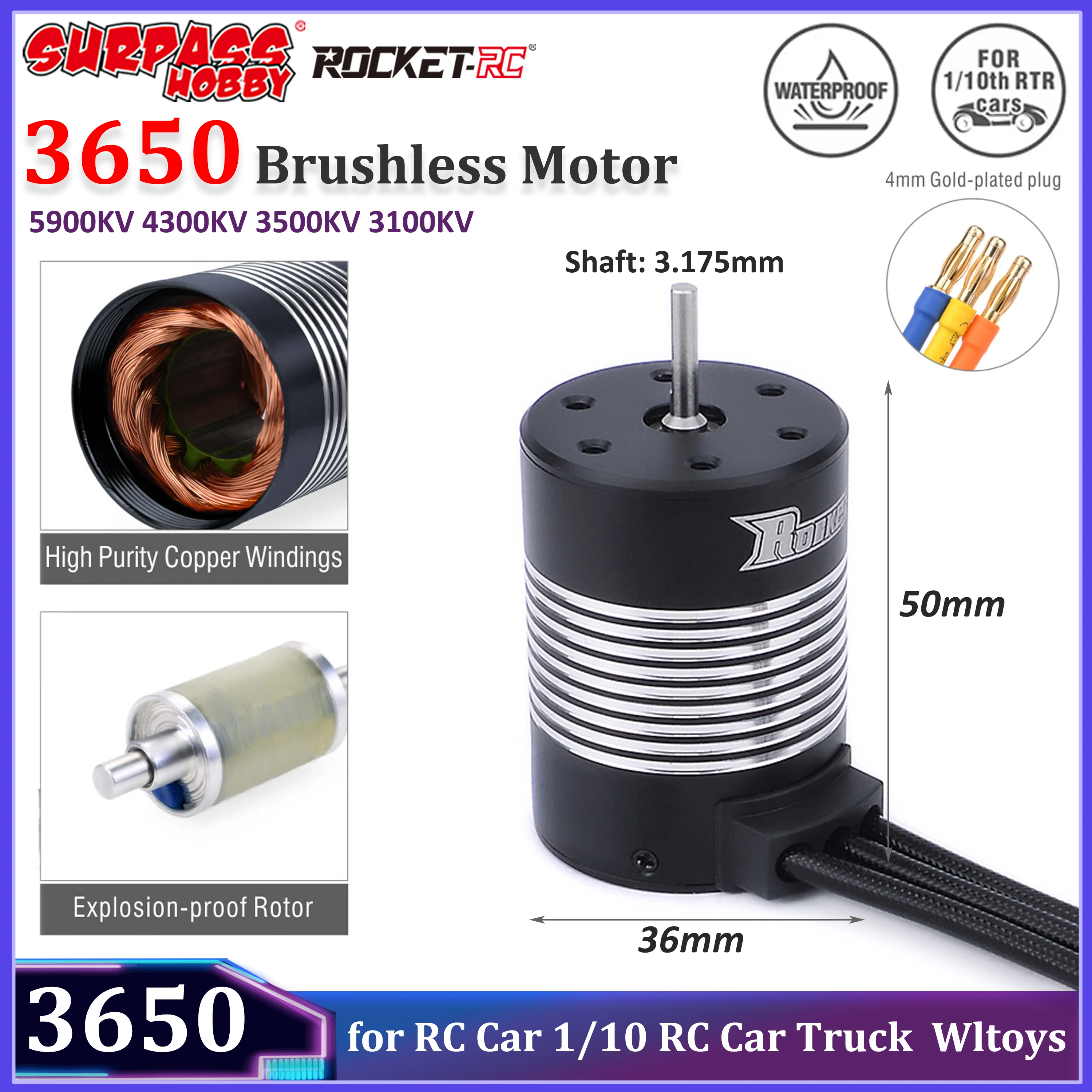 Rocket 3650 Waterproof Brushless Motor 5900KV 4300KV 3500KV 3100KV 3.175mm Shaft for 1/10 RC Car Truck Buggy Wltoys Axial Parts
Rocket 3650 Waterproof Brushless Motor 5900KV 4300KV 3500KV 3100KV 3.175mm Shaft for 1/10 RC Car Truck Buggy Wltoys Axial Parts