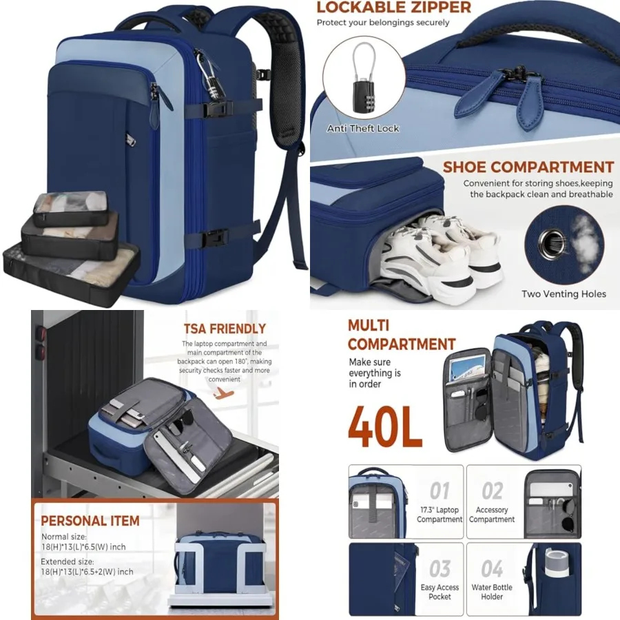 40L Carry On Travel Backpack, Flight Approved Expandable Weekender Bag with 3 Packing Cubes, Suitcase Backpack Fits 17" Laptop,
40L Carry On Travel Backpack, Flight Approved Expandable Weekender Bag with 3 Packing Cubes, Suitcase Backpack Fits 17" Laptop,