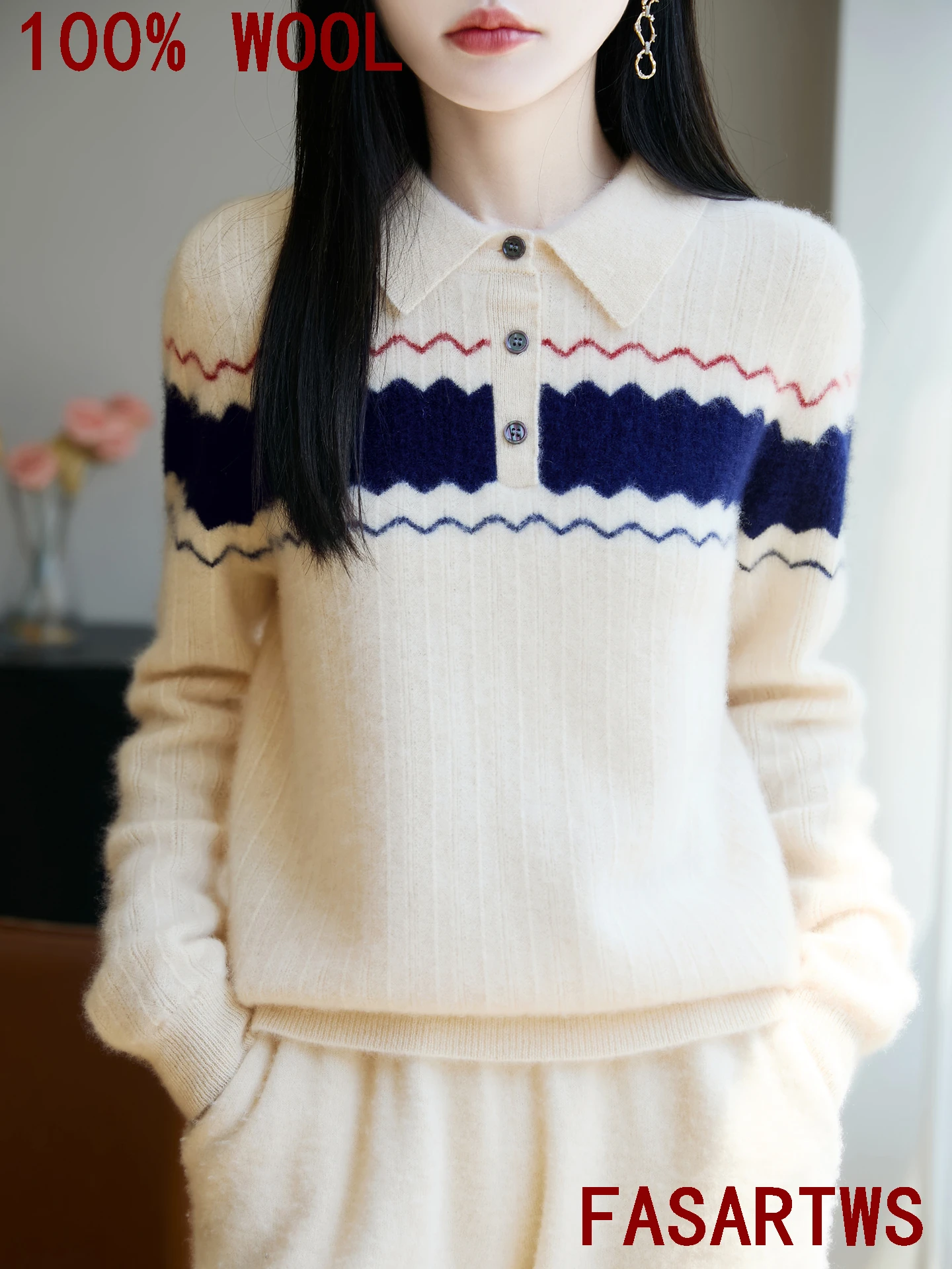 College style sweater100% Australian Wool Knitwear Women's POLO Collar Long Sleeve Pullover High-grade Fashion Knit LeisureStyle
College style sweater100% Australian Wool Knitwear Women's POLO Collar Long Sleeve Pullover High-grade Fashion Knit LeisureStyle