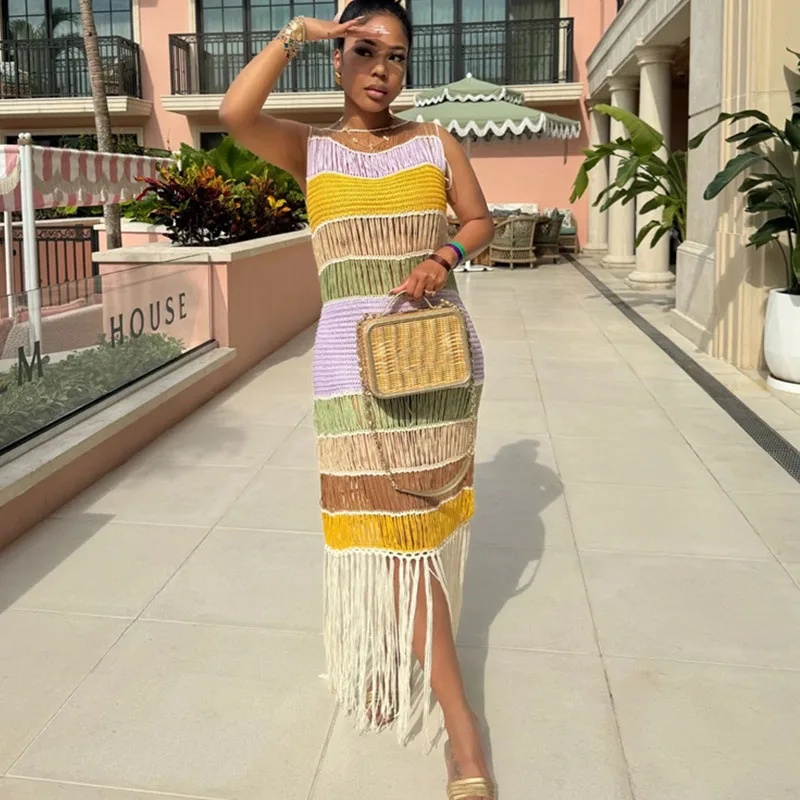 Doyerl Rainbow Knitted Summer Dress Woman Beach Wear Vacation Sleeveless O-neck Tassel Hem Bodycon Maxi Dress Vestidos De Verano
Doyerl Rainbow Knitted Summer Dress Woman Beach Wear Vacation Sleeveless O-neck Tassel Hem Bodycon Maxi Dress Vestidos De Verano