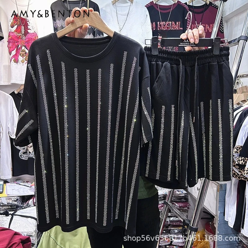 Summer Vertical Stripe Rhinestone Loose Short Sleeved T-shirt Top + Elastic Waist Fashionable Wide-leg Long Pants Two-piece Sets
Summer Vertical Stripe Rhinestone Loose Short Sleeved T-shirt Top + Elastic Waist Fashionable Wide-leg Long Pants Two-piece Sets