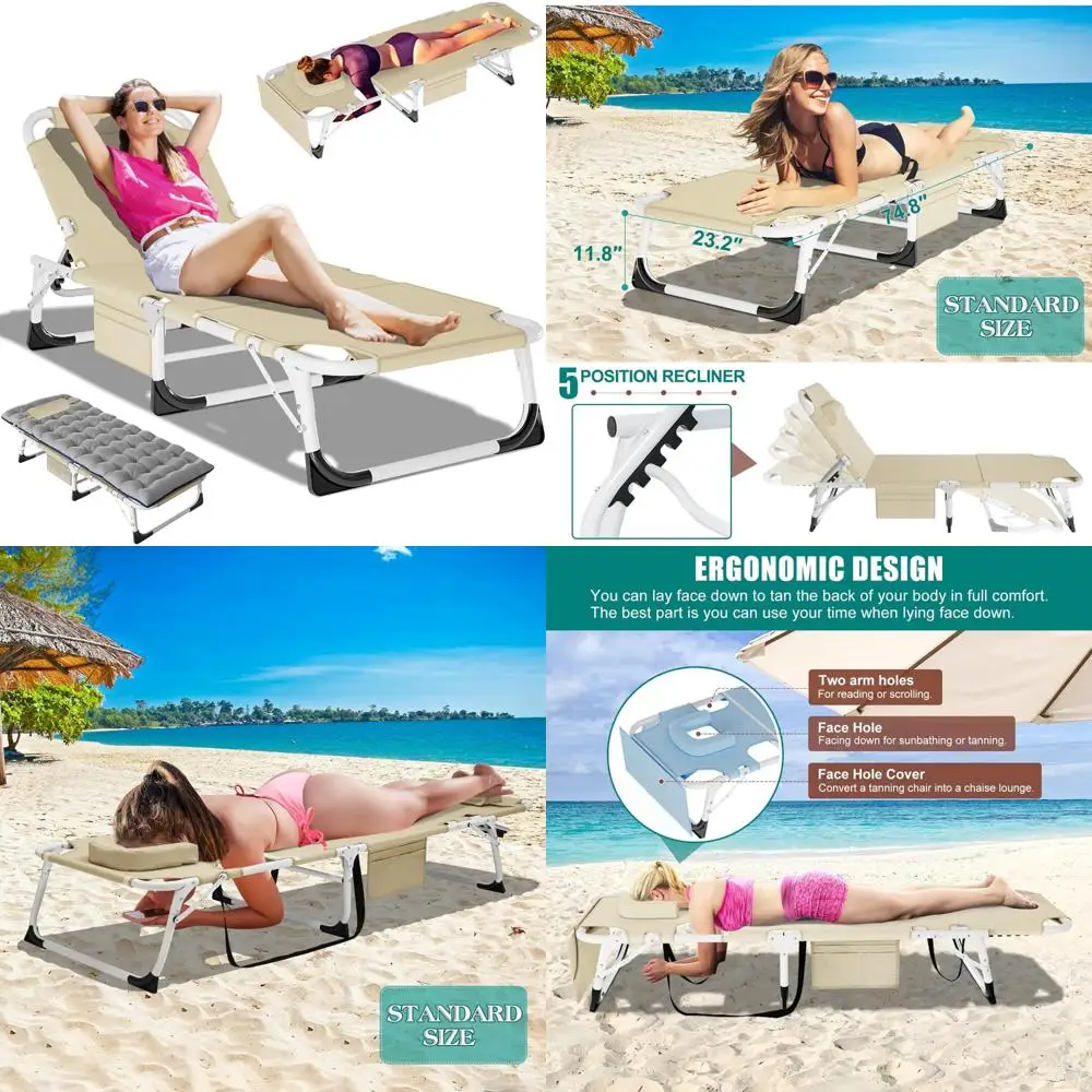 Heavy-Duty Adjustable Tanning Chair with Face Hole, 5-Position Folding Outdoor Lounge Chair, Portable Relaxation for Sunbathing
Heavy-Duty Adjustable Tanning Chair with Face Hole, 5-Position Folding Outdoor Lounge Chair, Portable Relaxation for Sunbathing