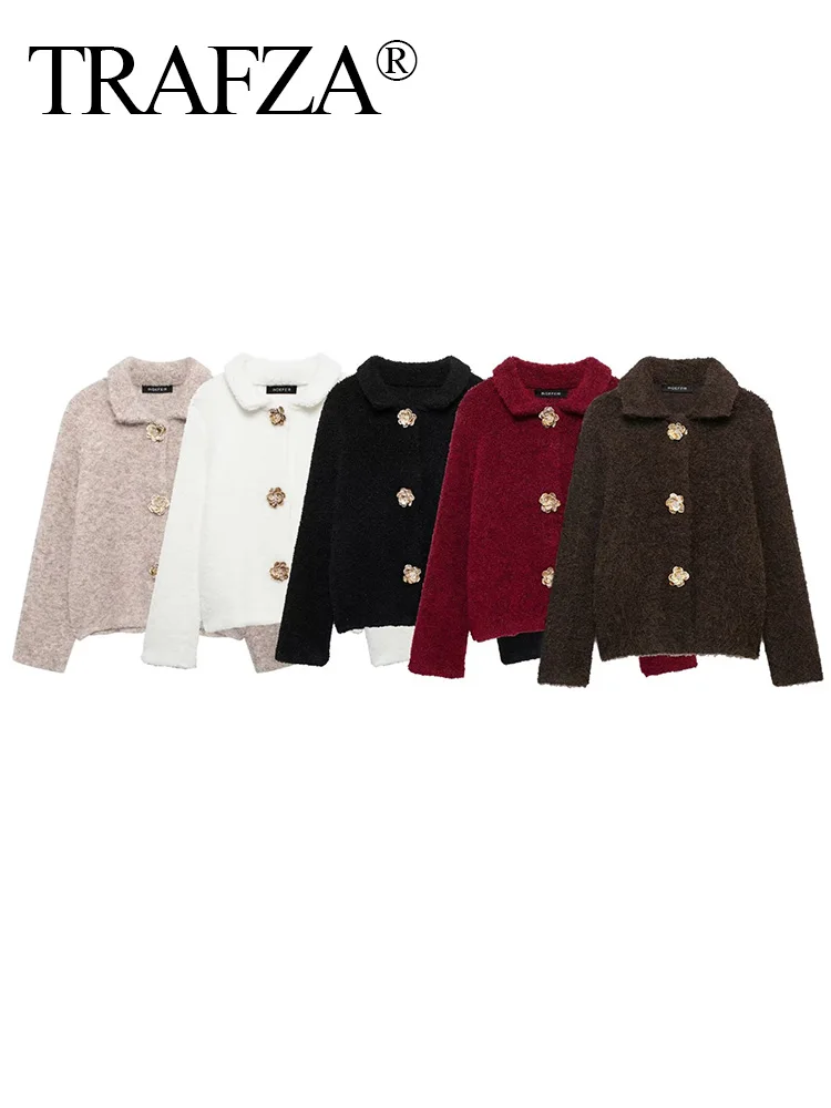 TRAFZA Women Autumn Chic Flowers Shape Lapel Single Breasted Long Sleeve Knitted Coat Woman Fashion Casual Sweater Cardigan
TRAFZA Women Autumn Chic Flowers Shape Lapel Single Breasted Long Sleeve Knitted Coat Woman Fashion Casual Sweater Cardigan