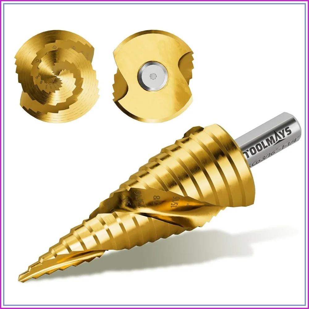 M35 Cobalt HSS Step Drill Bit, TiN Coated Spiral Flute, 18 Steps 3/16"–1-1/4", 3/8" Tri-Flatted Shank for Stainless Steel, Metal, Wood & Plastic
M35 Cobalt HSS Step Drill Bit, TiN Coated Spiral Flute, 18 Steps 3/16"–1-1/4", 3/8" Tri-Flatted Shank for Stainless Steel, Metal, Wood & Plastic