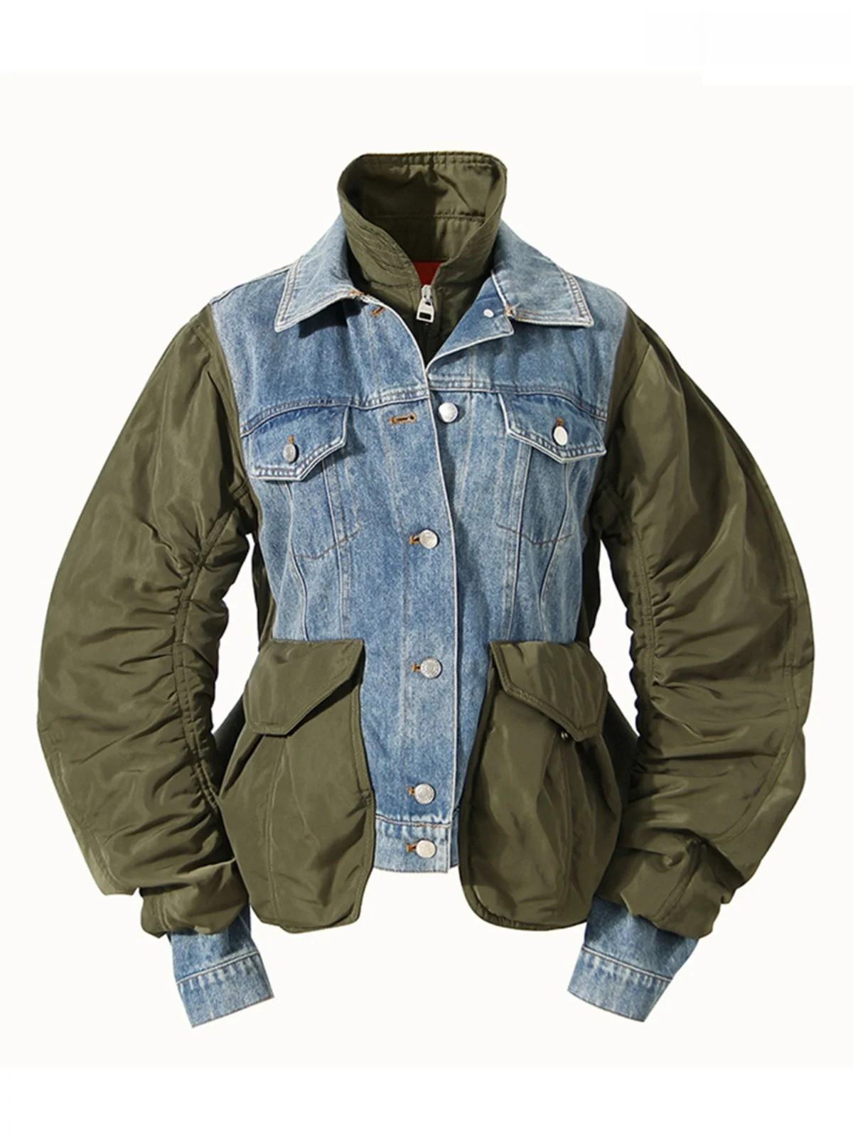 High Waist Denim Jacket with Large Pockets And Green Splice Fake Two-Piece Short Coat Mechanical Style Long Sleeve Zipper Clo...
High Waist Denim Jacket with Large Pockets And Green Splice Fake Two-Piece Short Coat Mechanical Style Long Sleeve Zipper Clo...
