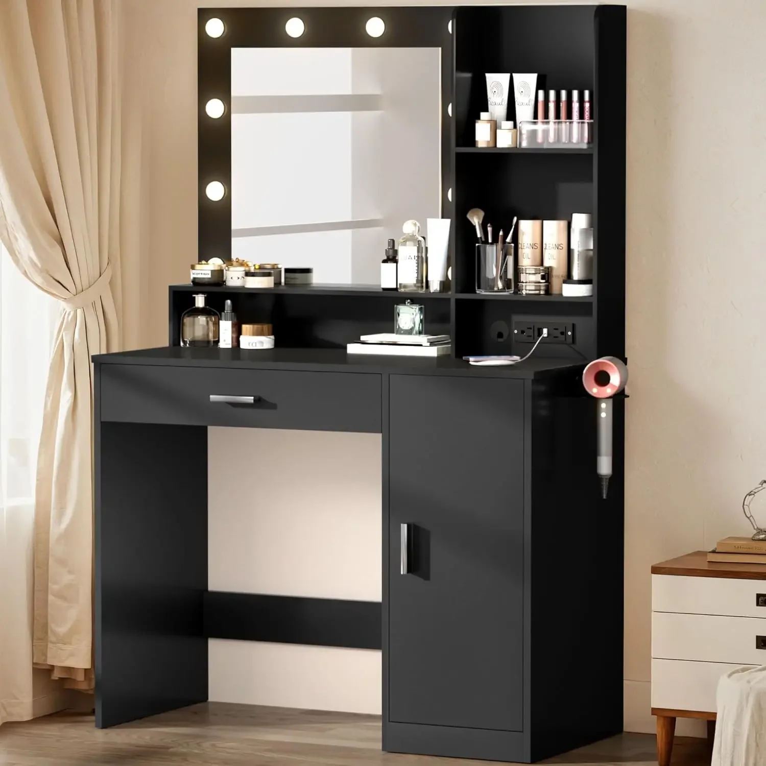 Vanity with Mirror and LED Lights, Makeup Desk with a Spacious Drawer, Dressing Table with Hairdryer Holder and Power
Vanity with Mirror and LED Lights, Makeup Desk with a Spacious Drawer, Dressing Table with Hairdryer Holder and Power