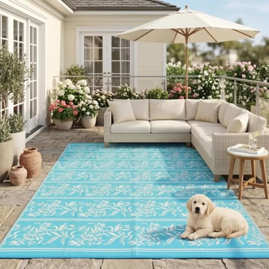 Outdoor 9x12 Waterproof Reversible Boho Leaf Patio Rug for Camping Picnic Balcony Deck Backyard Teal White, Includes 4 Stakes S
Outdoor 9x12 Waterproof Reversible Boho Leaf Patio Rug for Camping Picnic Balcony Deck Backyard Teal White, Includes 4 Stakes S