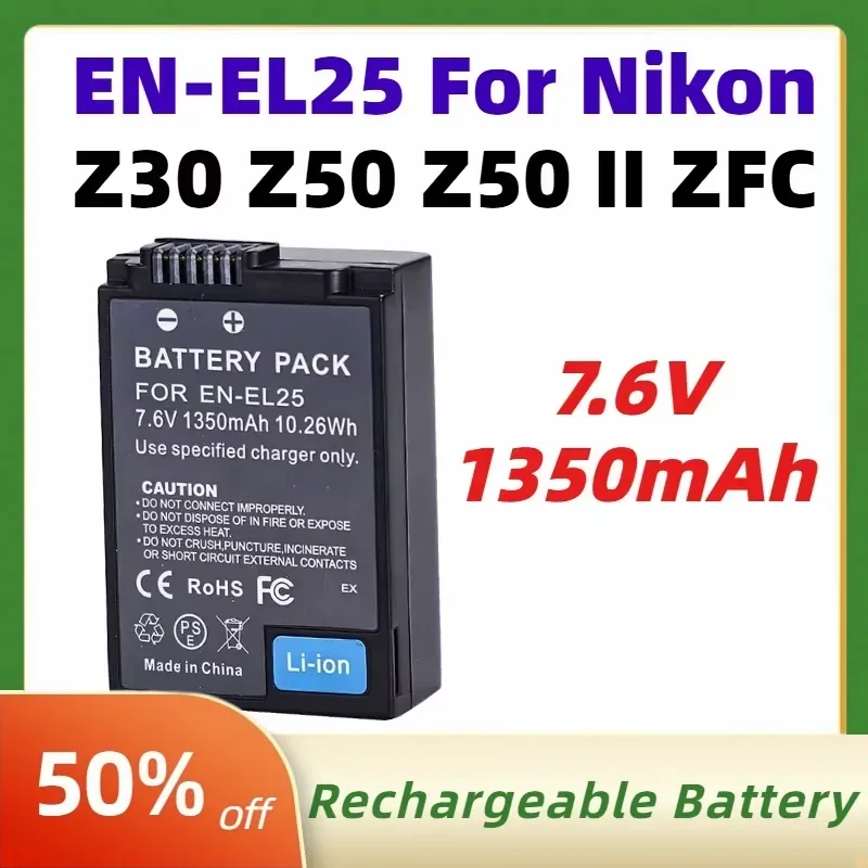 New 7.6V 1350mAh EN-EL25 Li-lon Digital Battery for Nikon Z30 Z50 Z50 II ZFC Camera Accessories High Capacity Batteries
New 7.6V 1350mAh EN-EL25 Li-lon Digital Battery for Nikon Z30 Z50 Z50 II ZFC Camera Accessories High Capacity Batteries
