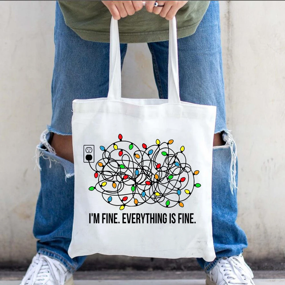 I'm Fine Everything Is Fine tote bag Women's Fun Christmas Lights Canvas tote bag Christmas Gift Large Capacity Shopping Bag 
I'm Fine Everything Is Fine tote bag Women's Fun Christmas Lights Canvas tote bag Christmas Gift Large Capacity Shopping Bag