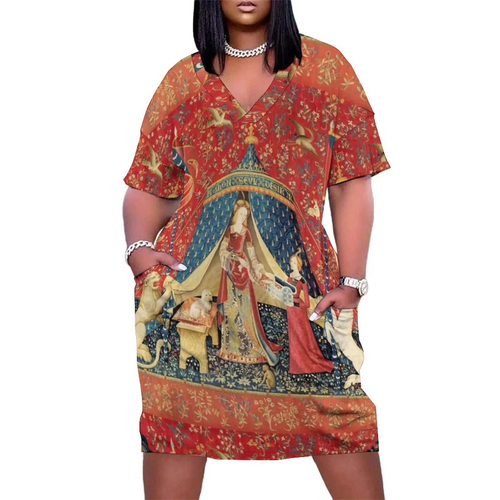 LADY AND THE UNICORN DESIRE ,Lion,Fantasy Flowers,Animals,Red Green Floral Tapestry Loose Pocket Dress Women's dress
LADY AND THE UNICORN DESIRE ,Lion,Fantasy Flowers,Animals,Red Green Floral Tapestry Loose Pocket Dress Women's dress