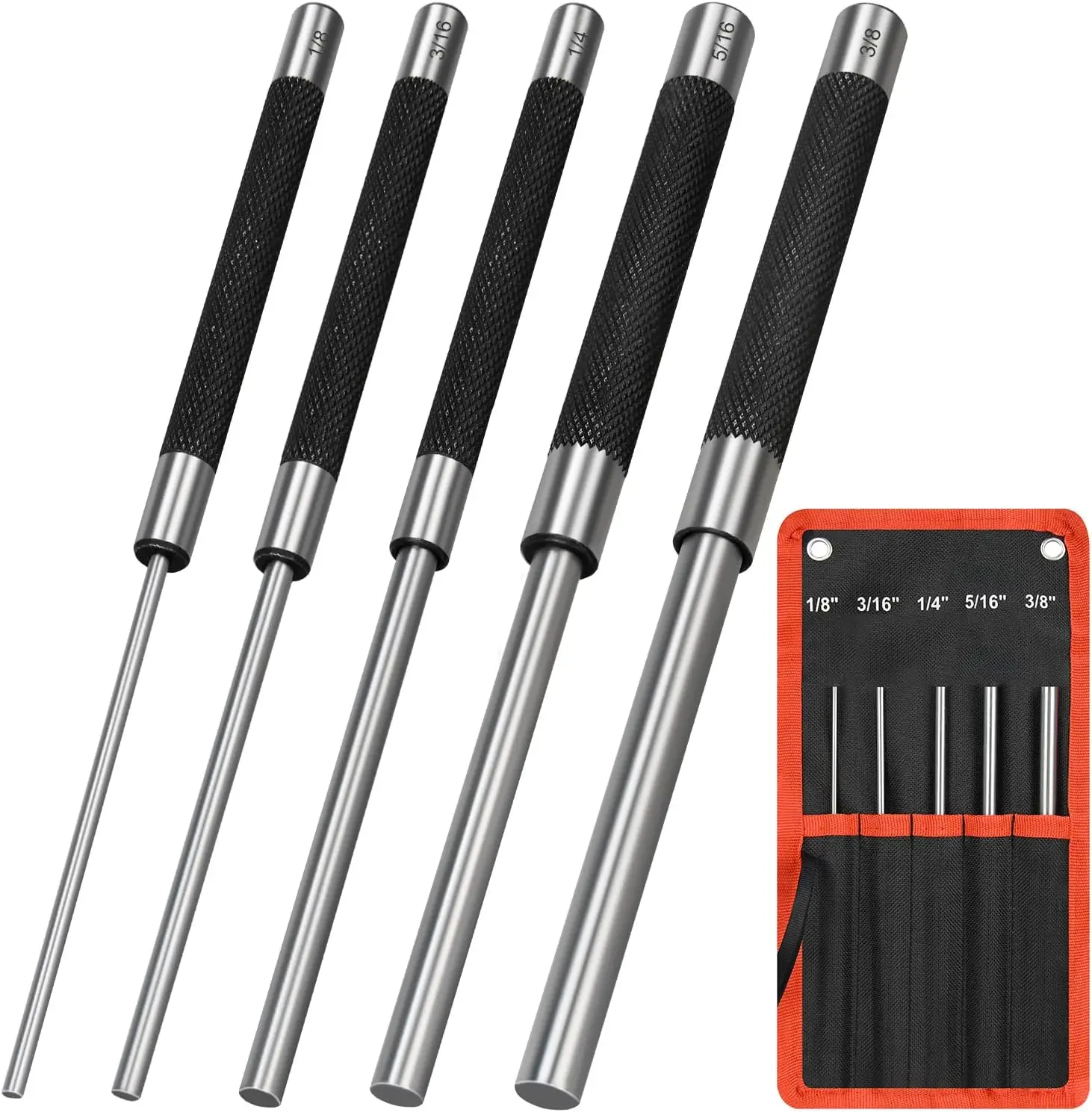 8in Long Carbon Steel Pin Punch Set, 5pcs Sizes 1/8", 3/16", 1/4", 5/16", 3/8", Removing Tools with Pouch
8in Long Carbon Steel Pin Punch Set, 5pcs Sizes 1/8", 3/16", 1/4", 5/16", 3/8", Removing Tools with Pouch