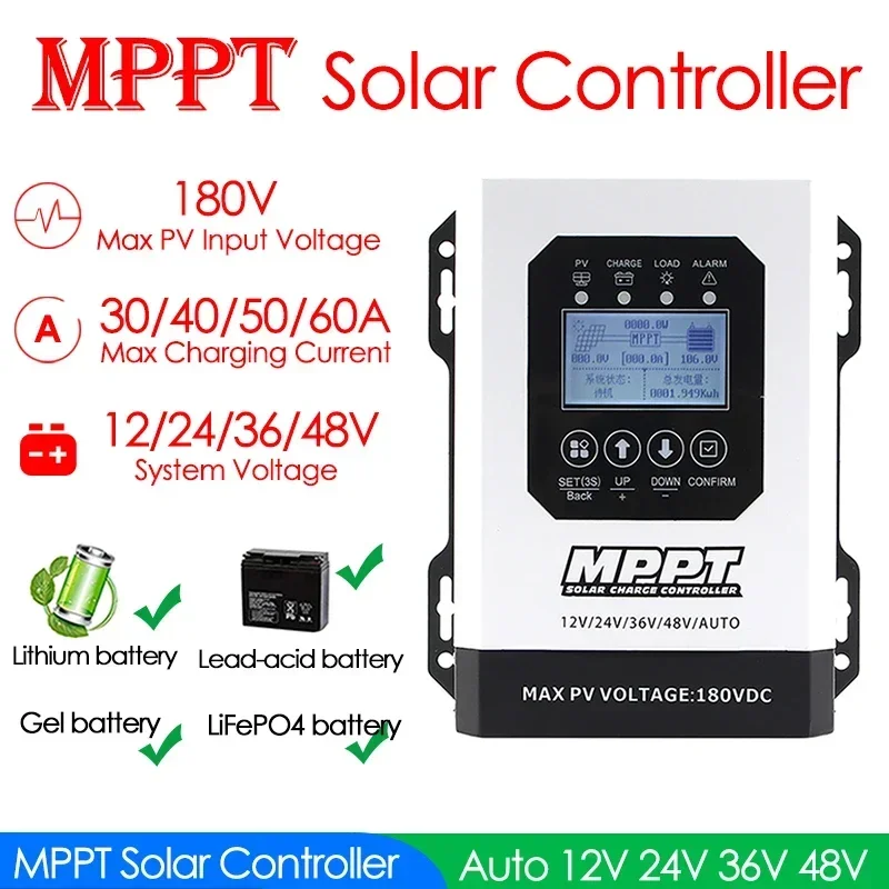 30/40/50/60A MPPT Solar Charge Controller Auto 12V 24V 36V 48V 180VDC Photovoltaic Solar Panel for Lifepo4 Lithium Lead Acid Gel
30/40/50/60A MPPT Solar Charge Controller Auto 12V 24V 36V 48V 180VDC Photovoltaic Solar Panel for Lifepo4 Lithium Lead Acid Gel