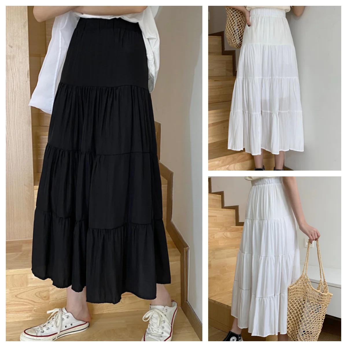 Spring Summer Women Skirts Vintage High Waist Elastic Patchwork White Black Chic Long Cake A-line Skirt
Spring Summer Women Skirts Vintage High Waist Elastic Patchwork White Black Chic Long Cake A-line Skirt