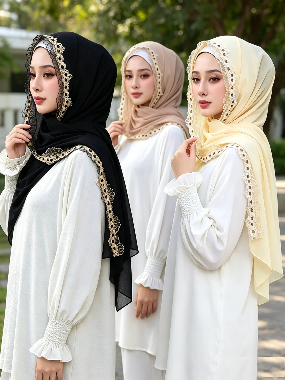 Women Solid Color Chiffon Long Hijab Floral Lace Edge Trim Muslim Headscarf Ethnic Shawl Islamic Head Wrap Fashion Bandanas New
Women Solid Color Chiffon Long Hijab Floral Lace Edge Trim Muslim Headscarf Ethnic Shawl Islamic Head Wrap Fashion Bandanas New
