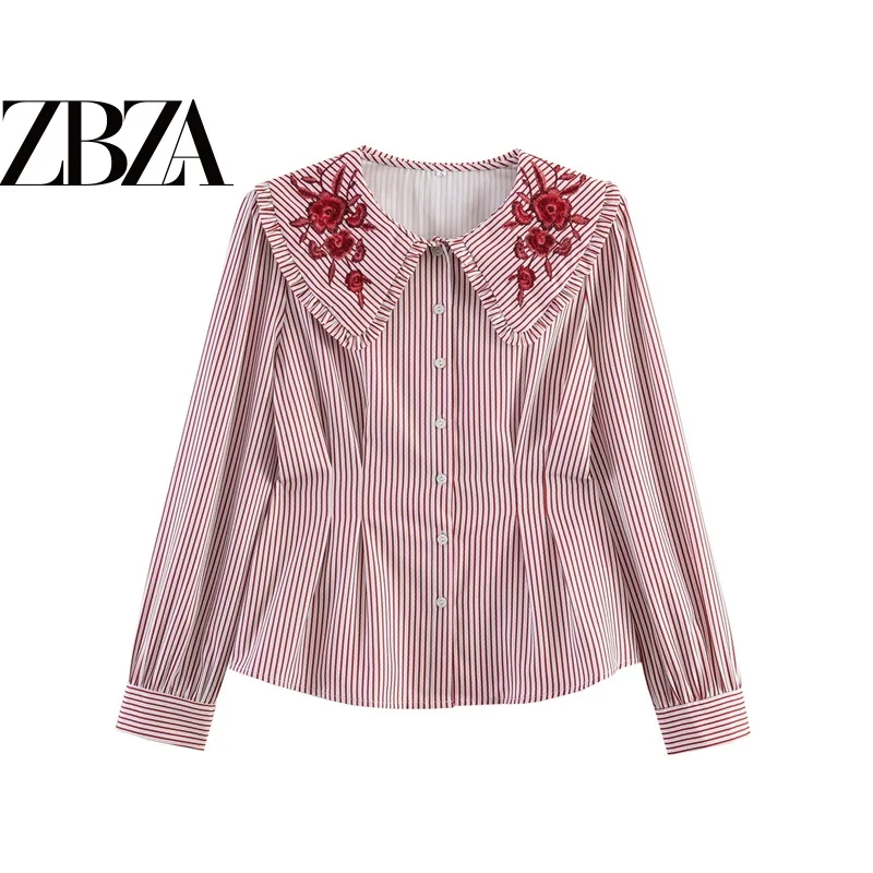 Vintage Style Long Sleeve Embroidered Waist-Cinching Doll Collar Striped Shirt Women's Fashion Polyester Fiber Slimming Shirt
Vintage Style Long Sleeve Embroidered Waist-Cinching Doll Collar Striped Shirt Women's Fashion Polyester Fiber Slimming Shirt