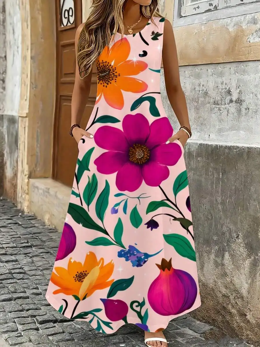 Floral Maxi Dress Pink Colorful Flowers Pomegranate Print Summer Beach Vacation Outfit
Floral Maxi Dress Pink Colorful Flowers Pomegranate Print Summer Beach Vacation Outfit