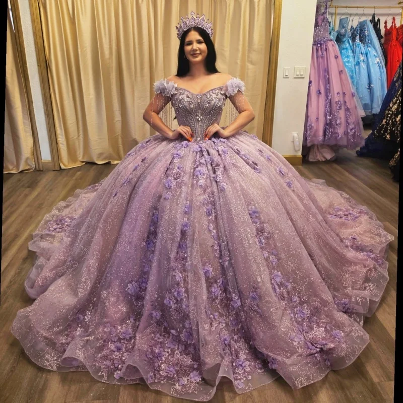 Shiny Lavender Quinceanera Dress off-shoulder Glitter Crystal 3D Flower Decal Long tail vestidos de 15 Quinceanera Customize
Shiny Lavender Quinceanera Dress off-shoulder Glitter Crystal 3D Flower Decal Long tail vestidos de 15 Quinceanera Customize