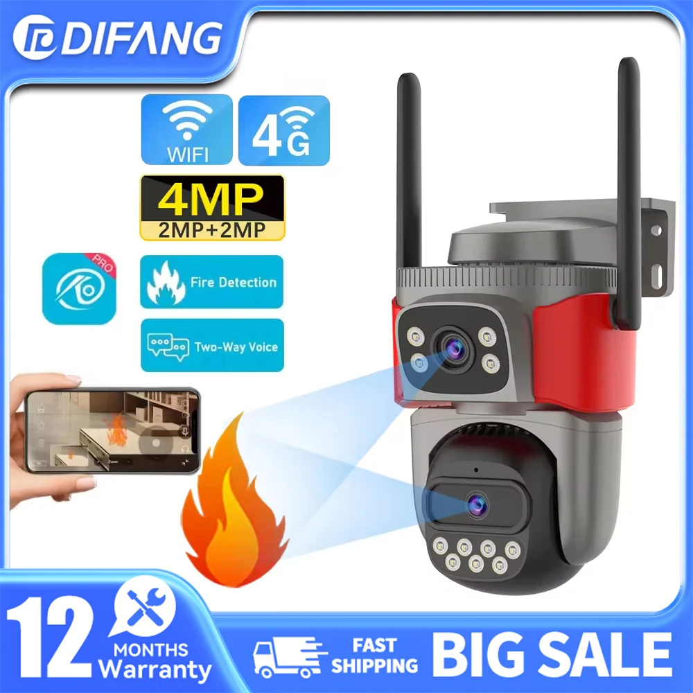 DIFANG 4MP Dual Lens Security Camera Outdoor Wireless WiFi 4G LTE Cam Flame Detection Camera With Audio Voice Alert 100dB
DIFANG 4MP Dual Lens Security Camera Outdoor Wireless WiFi 4G LTE Cam Flame Detection Camera With Audio Voice Alert 100dB