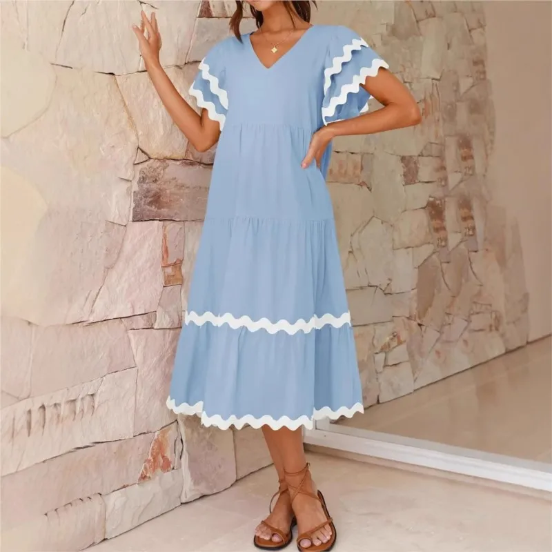 2025 Summer Women's Beach Dress V-neck Layered Wavy Striped Patchwork Long Dress Cake Skirt Loose Casual Beach Vacation Dresses
2025 Summer Women's Beach Dress V-neck Layered Wavy Striped Patchwork Long Dress Cake Skirt Loose Casual Beach Vacation Dresses