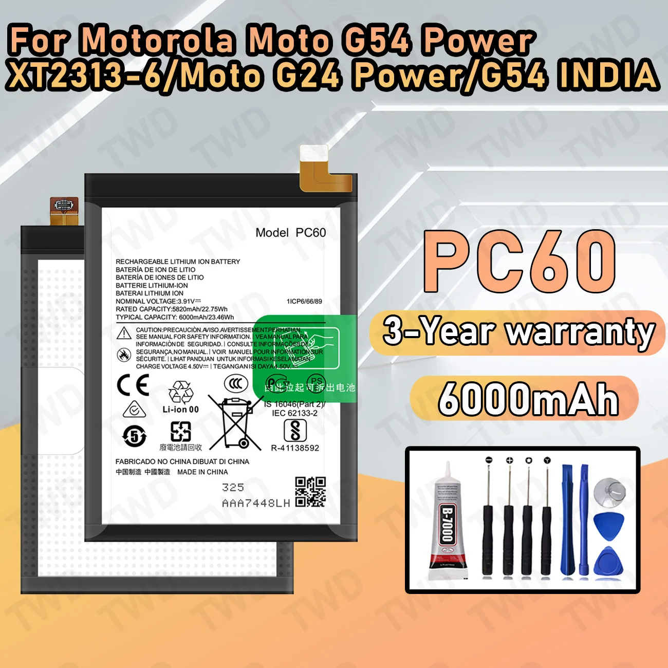 PC60 Large capacity Battery For Motorola Moto G54 Power/XT2313-6/Moto G24 Power/G54 INDIA batteries New High Quanlity+Free Tool
PC60 Large capacity Battery For Motorola Moto G54 Power/XT2313-6/Moto G24 Power/G54 INDIA batteries New High Quanlity+Free Tool