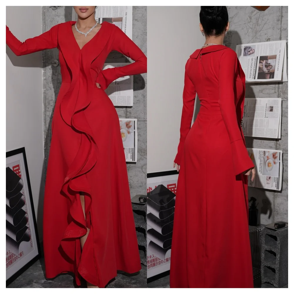 Customized Formal Red Jersey Evening Dress Delicate V-Neck Long Sleeves Party Dress High Quality Floor Length Celebrity Gowns
Customized Formal Red Jersey Evening Dress Delicate V-Neck Long Sleeves Party Dress High Quality Floor Length Celebrity Gowns