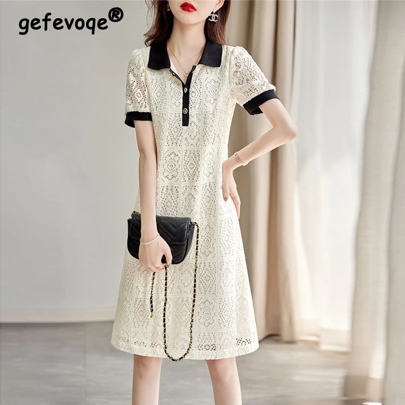 Women Sexy Hollow Lace Contrast Color Elegant Chic Sweet Dresses Summer Trendy Polo Collar Short Sleeve Midi Dress Vestidos Ropa
Women Sexy Hollow Lace Contrast Color Elegant Chic Sweet Dresses Summer Trendy Polo Collar Short Sleeve Midi Dress Vestidos Ropa