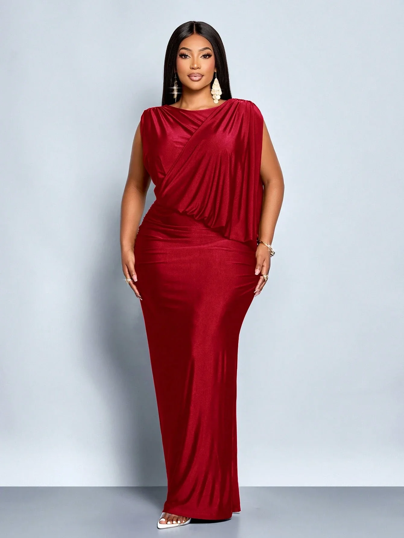 Plus Size Women's Elegant Red Sleeveless Off-Shoulder Asymmetrical Maxi Dress With Side Slit
Plus Size Women's Elegant Red Sleeveless Off-Shoulder Asymmetrical Maxi Dress With Side Slit