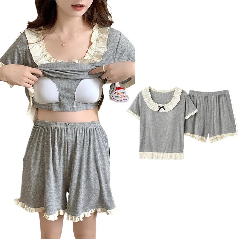Women's Modal Round Neck Casual Short Sleeve Summer Sleepwear Set With Builtin Bra Perfect For Loungewear Or Outdoor Activities
Women's Modal Round Neck Casual Short Sleeve Summer Sleepwear Set With Builtin Bra Perfect For Loungewear Or Outdoor Activities