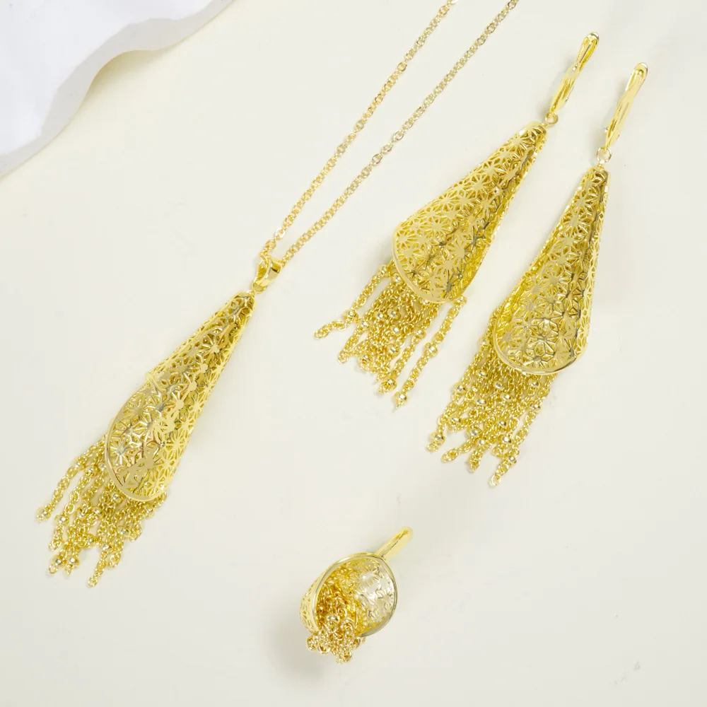 Middle East Tassel Rings Earring Jewelry Set Gold Color Fashion African Drop Earrings Women Necklace Bridal Sets Dubai Jewelry
Middle East Tassel Rings Earring Jewelry Set Gold Color Fashion African Drop Earrings Women Necklace Bridal Sets Dubai Jewelry