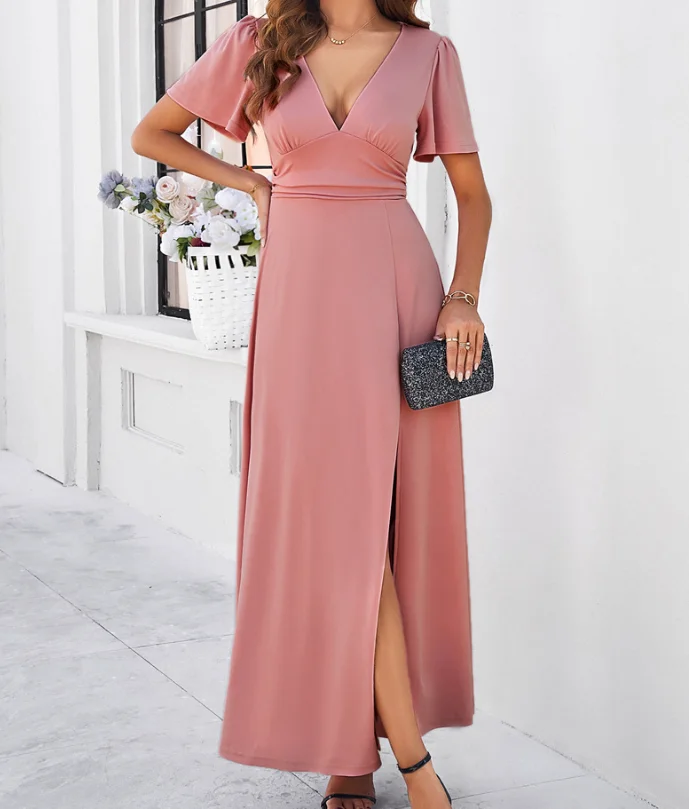 French summer dress woman 2025 V-neck casual high waisted dress for women short sleeved solid color sexy slit Urban long dress
French summer dress woman 2025 V-neck casual high waisted dress for women short sleeved solid color sexy slit Urban long dress