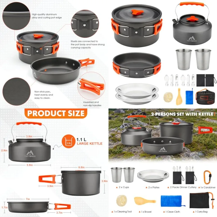 Camping Cookware Kit, 0.45Gal Pot, 7Inch Pan, 0.30Gal Kettle Set with 2 Set Stainless Steel Cups Plates Forks Knives Spoons for
Camping Cookware Kit, 0.45Gal Pot, 7Inch Pan, 0.30Gal Kettle Set with 2 Set Stainless Steel Cups Plates Forks Knives Spoons for