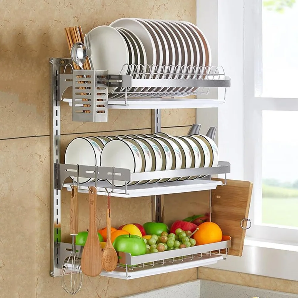 Counter Dish 304 Stainless Steel Wall-Mounted Dish Drying Rack, Adjustable Height Dish Drainer with Cutting Board Holder
Counter Dish 304 Stainless Steel Wall-Mounted Dish Drying Rack, Adjustable Height Dish Drainer with Cutting Board Holder