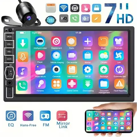 Radio samochodowe 2 Din z 7-calowym odtwarzaczem MP5, ekranem dotykowym HD, kamerą cofania, USB, kartą SD, radiem FM, Double Din