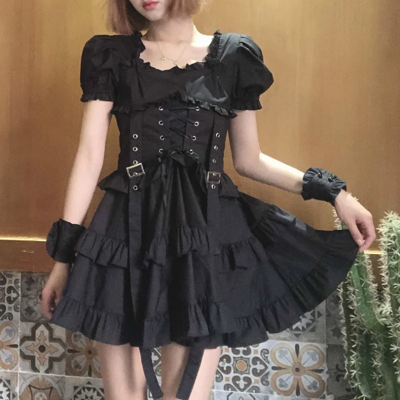 Japanese Women Black Gothic Lolita Dress Victorian Renaissance Retro Chic Punk Style Puff Sleeve Bandage Mini Dress Girl Dresses
Japanese Women Black Gothic Lolita Dress Victorian Renaissance Retro Chic Punk Style Puff Sleeve Bandage Mini Dress Girl Dresses