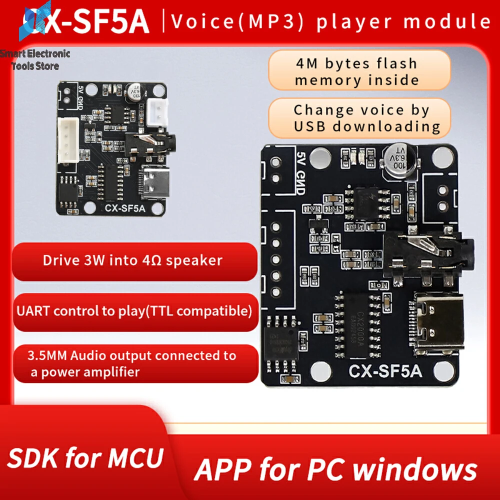 SF5A Serial Port MP3 Voice Chip Module Voice Broadcast Custom Audio Module Single Chip Control Triggers Audio Kit
SF5A Serial Port MP3 Voice Chip Module Voice Broadcast Custom Audio Module Single Chip Control Triggers Audio Kit