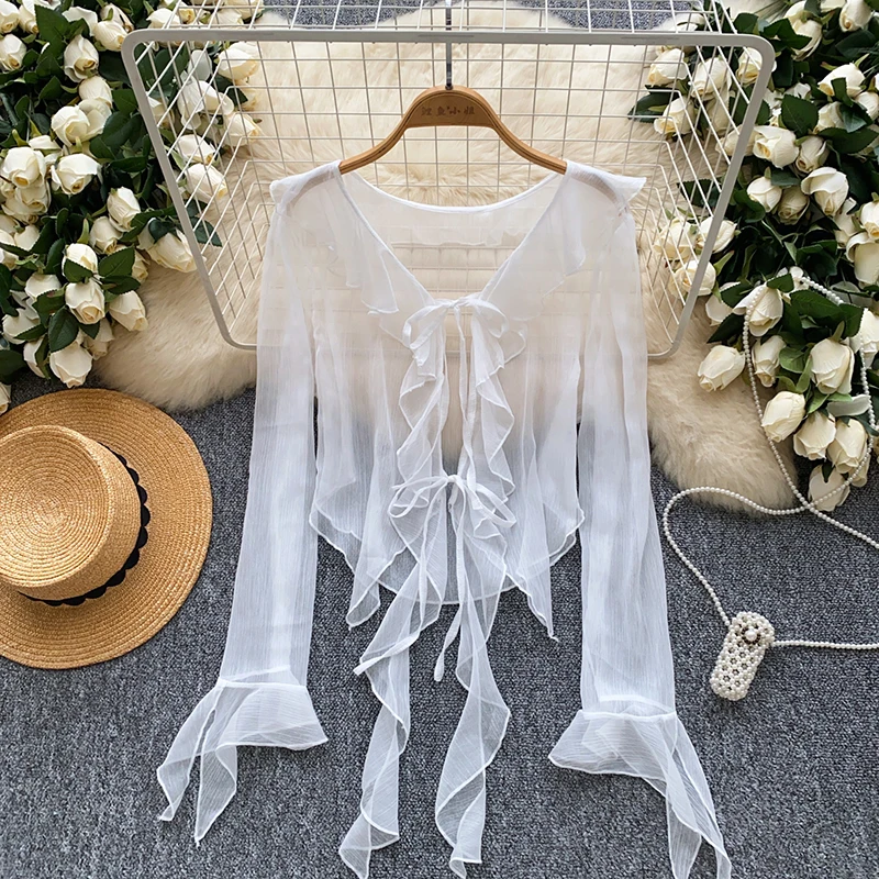 Sweet Chiffon Cardigans Tops Women Summer Ruffles Lace-up Long Sleeve Shawl Outwear Female Thin Sun-protective Clothing
Sweet Chiffon Cardigans Tops Women Summer Ruffles Lace-up Long Sleeve Shawl Outwear Female Thin Sun-protective Clothing