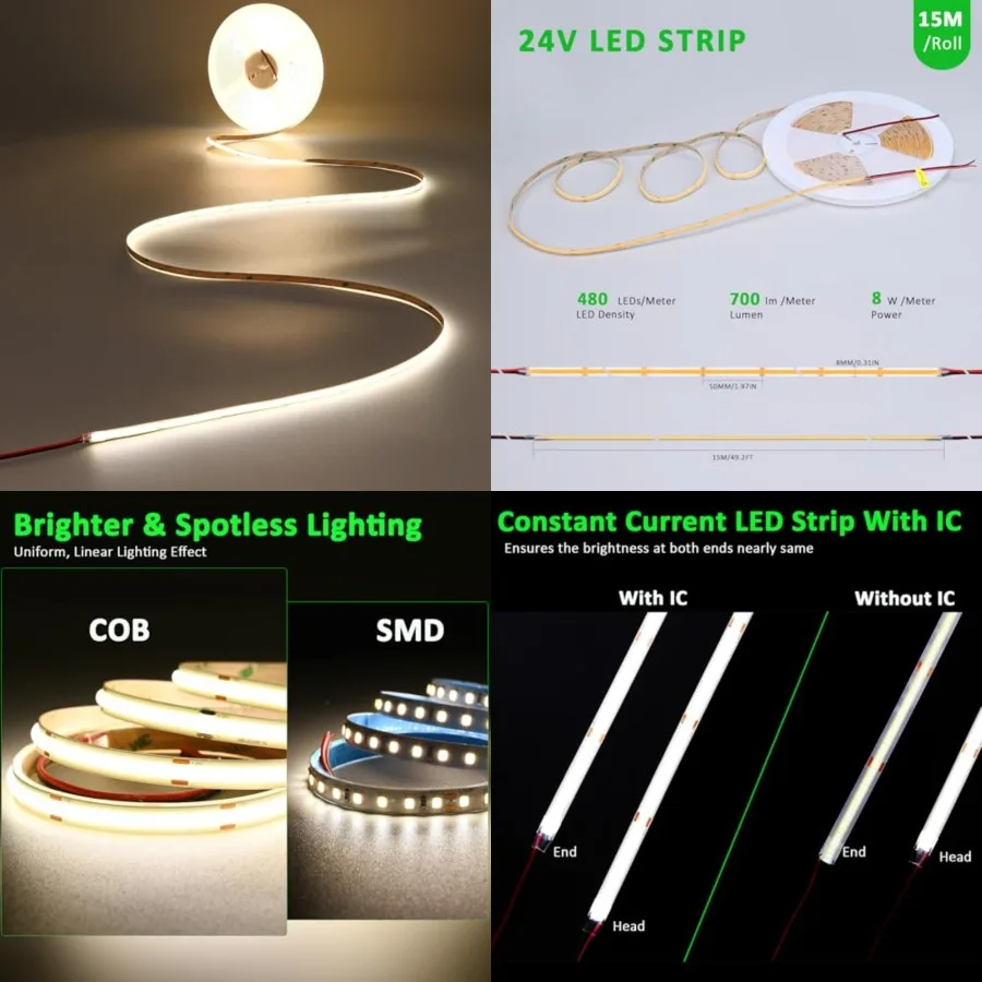 49.2FT/15M COB LED Strip Lights 24V 4000K Indoor, 480LEDs/M High Density Spotless CRI 90+ Dimmable Flexible Tape Light for Bedr
49.2FT/15M COB LED Strip Lights 24V 4000K Indoor, 480LEDs/M High Density Spotless CRI 90+ Dimmable Flexible Tape Light for Bedr