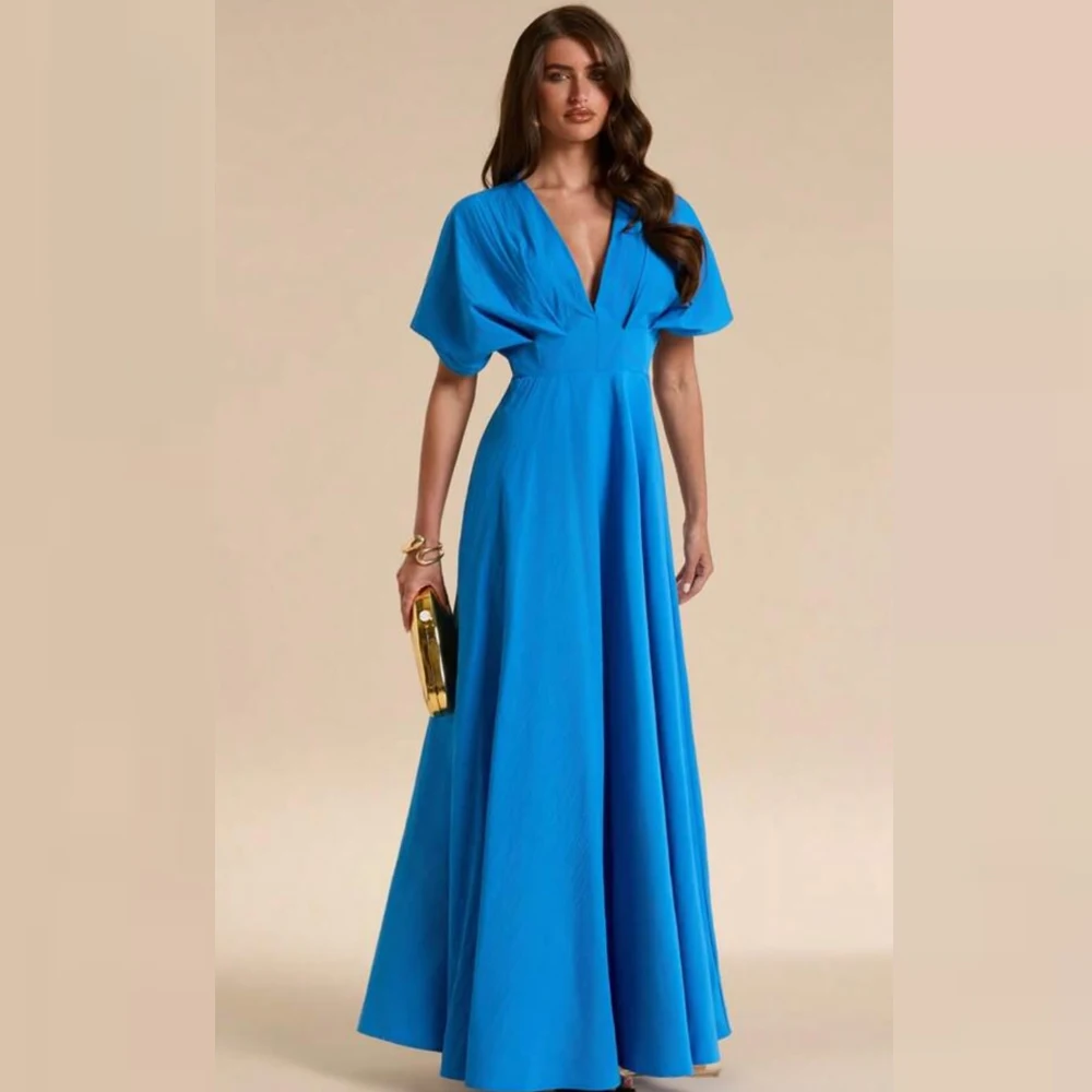 Customized Blue V-Neck Maxi Dress Short Puff Sleeves A-Line Formal Party Evening Gown For Women
Customized Blue V-Neck Maxi Dress Short Puff Sleeves A-Line Formal Party Evening Gown For Women