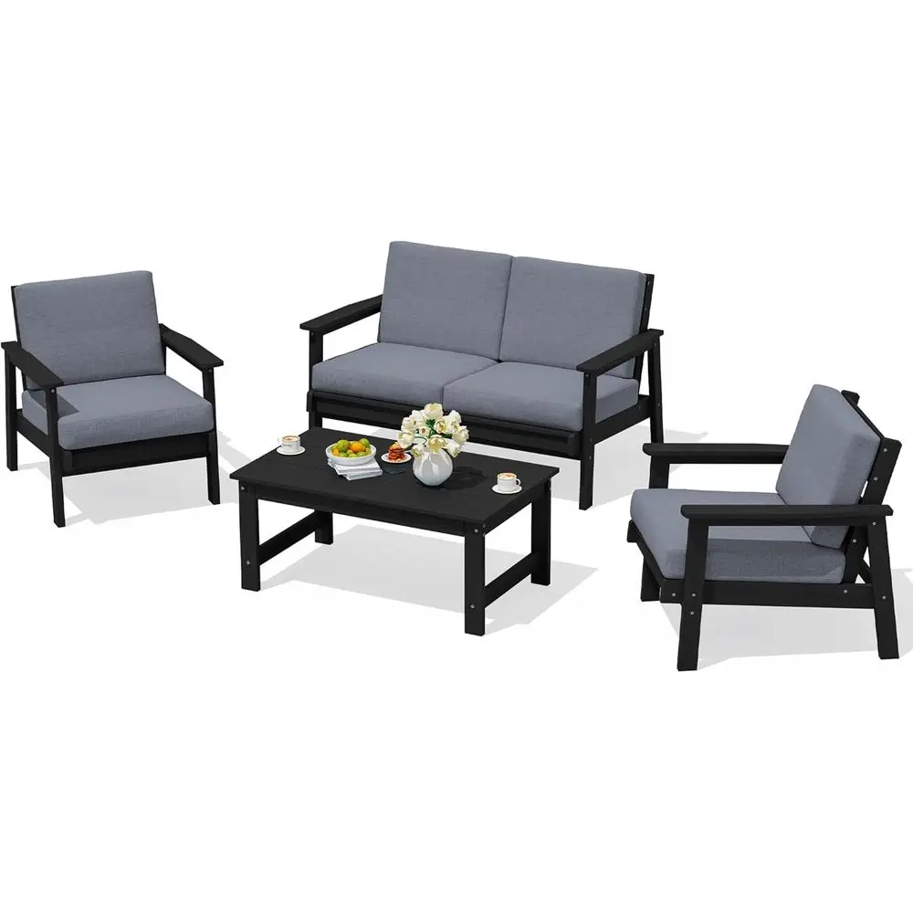 4 Piece HDPE Outdoor urniture Set, All Weather Wood-Like Outdoor Soa Sectional Couch, Black Patio urniture Set with Grey Cushion
4 Piece HDPE Outdoor urniture Set, All Weather Wood-Like Outdoor Soa Sectional Couch, Black Patio urniture Set with Grey Cushion
