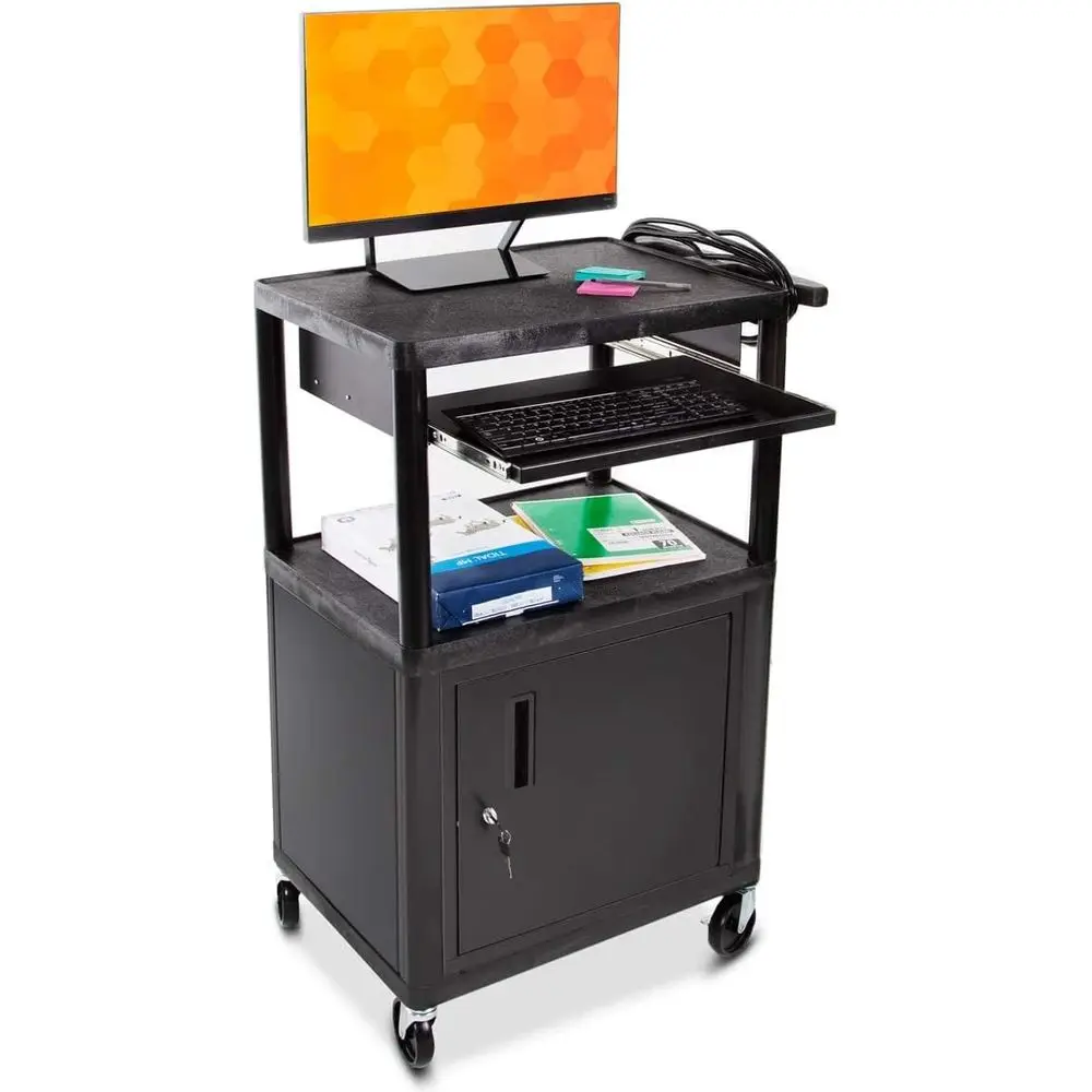 Heavy-Duty 42 Plastic AV Cart with Locking Metal Cabinet, Keyboard Tray, 4 Casters, 2 Brakes, Holds 75 lbs
Heavy-Duty 42 Plastic AV Cart with Locking Metal Cabinet, Keyboard Tray, 4 Casters, 2 Brakes, Holds 75 lbs