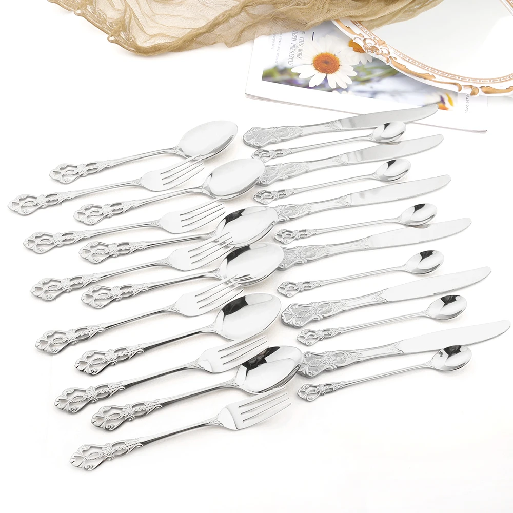 Stainless Steel Cutlery Vintage Western Tableware Set Silver 24Pcs Dinnerware Set Kitchen Knife Fork Long Spoons Silverware Set
Stainless Steel Cutlery Vintage Western Tableware Set Silver 24Pcs Dinnerware Set Kitchen Knife Fork Long Spoons Silverware Set