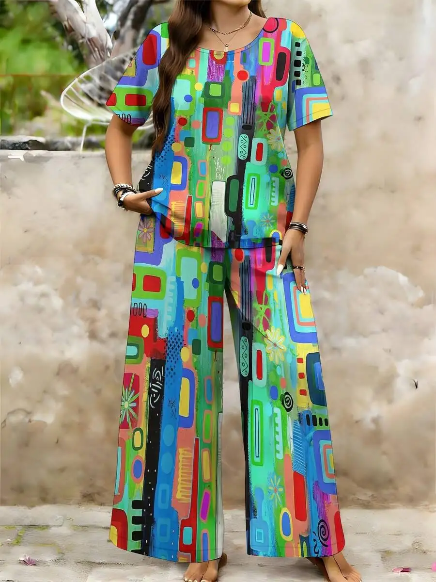 Womens Plus Size Short Sleeve Loose Pants Set Colorful Geometric Abstract Art Pattern Casual Comfortable
Womens Plus Size Short Sleeve Loose Pants Set Colorful Geometric Abstract Art Pattern Casual Comfortable